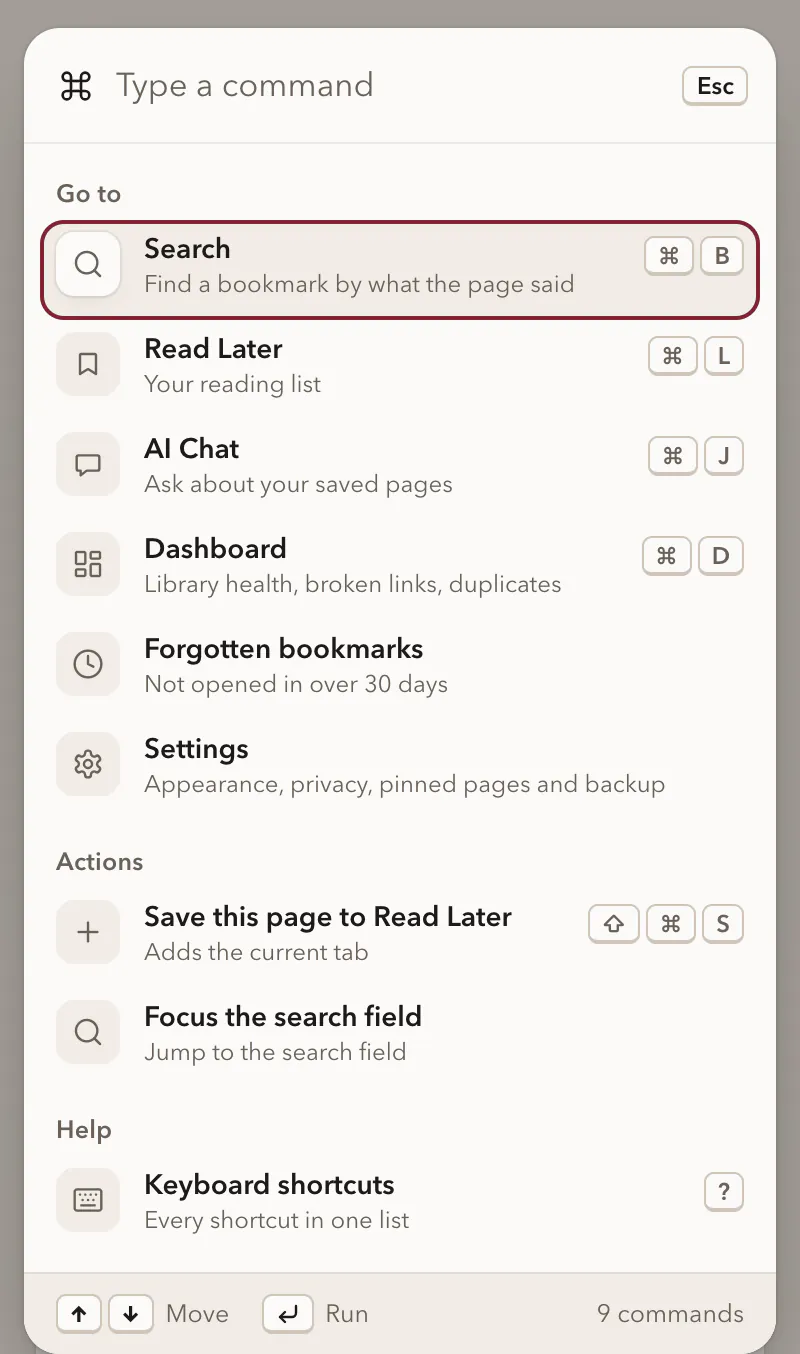 The command palette in the side panel, listing Search, Read Later, AI Chat, Dashboard, Forgotten bookmarks and Settings with their shortcuts, and actions to save the page to Read Later or focus the search field.